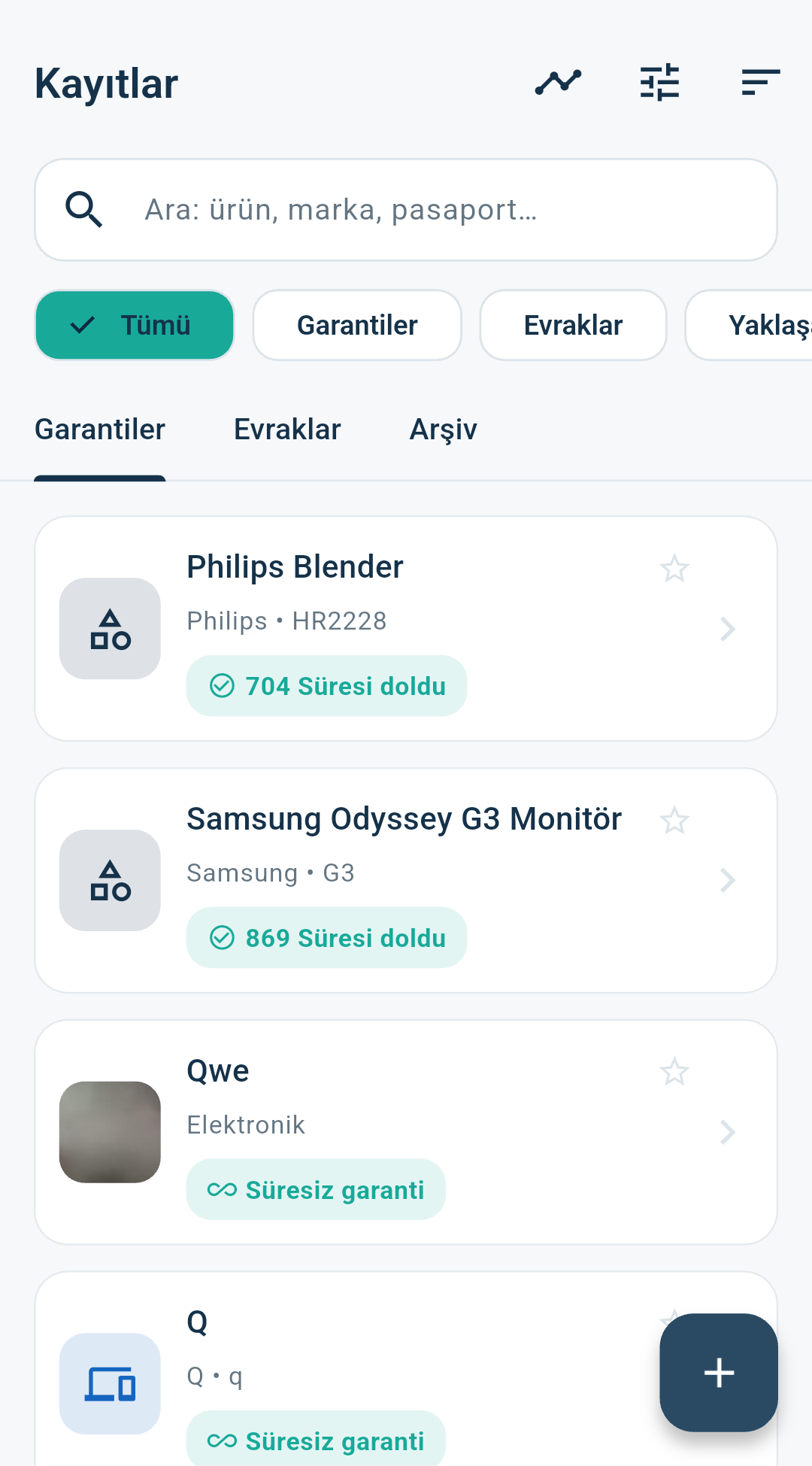 BelgeCep kayıtlar ekranı