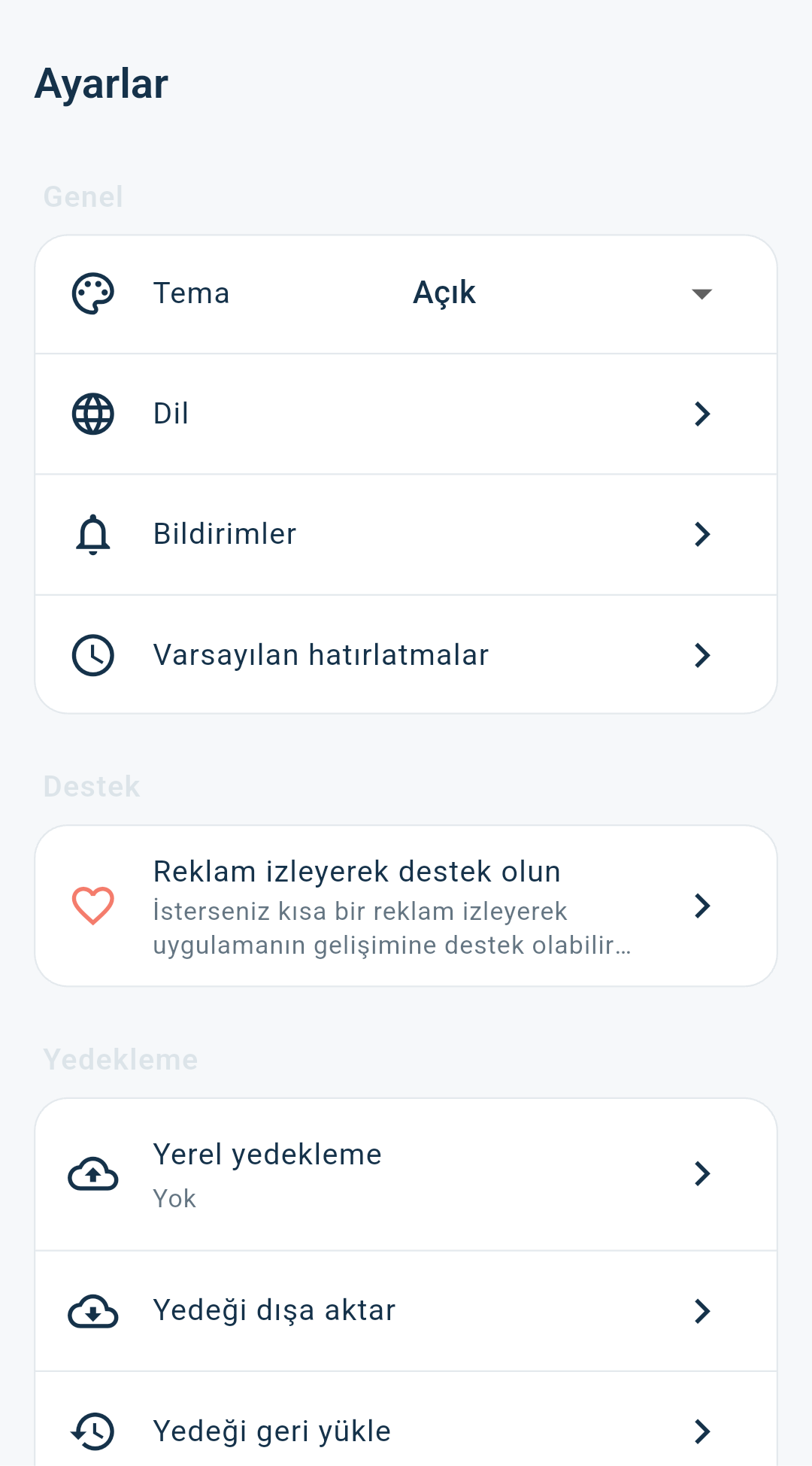Tema, dil, bildirim ve yedekleme ayarları